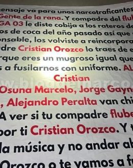 Still smarting over 180 kg of cocaine in Tijuana, a narco-banner threatens Grupo Firme frontman Eduin Caz for meddling in cartel affairs.
